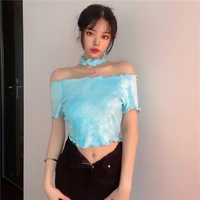 womens short t shirt sexy off shoulder crop top blue tie dyed ruffled sleeve y2k aesthetic clothing korean fashion blouses 2022