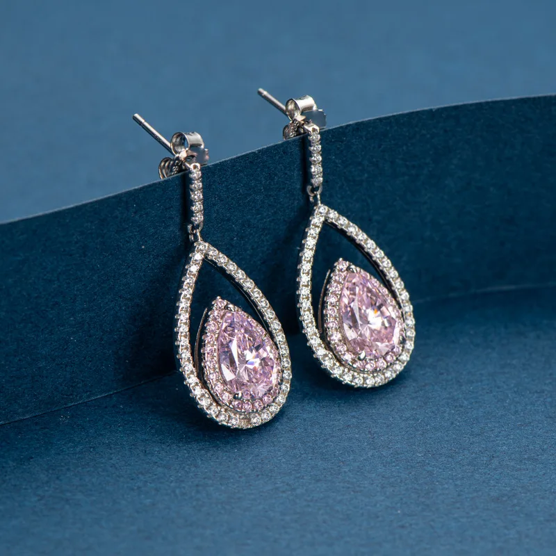 

Apasion S925 Silver Color Sparkling 7*10mm Pink High Carbon Diamond Hollow Women Drop Earrings Fine Jewelry Female Gift