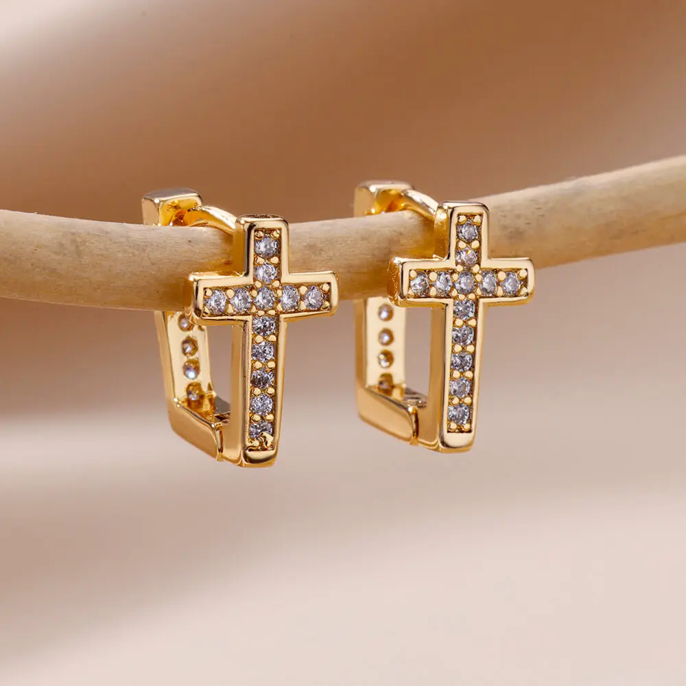 

Zircon Cross Hoop Earrings for Women New in Stainless Steel Square Earrings Gold Plated Vintage Aesthetic Jewelry Free Shipping