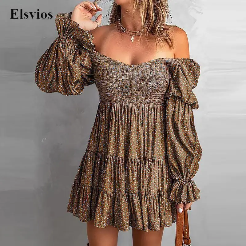 

Fashion Long Flare Sleeve Mini Dress Women Sexy Off Shoulder Party Dress Elegant Floral Print Lady A-Line Pleated Dress Vestidos