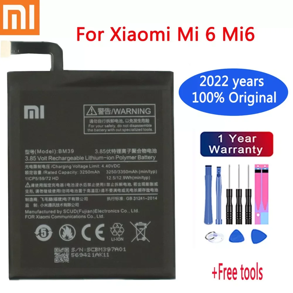 

NEW2023 2022 Years New BM39 Original Phone Battery For Xiaomi Mi 6 Mi6 3250mAh Mobile Phone Replacement Battery Free Tools