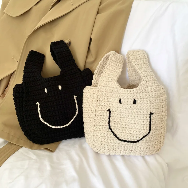 

Fashion New Smiley Handbag Women Woven Bags 2022 Trend Youth Knitted Crossbody Bag Simple Vintage Coin Purse Mobile Bag Small