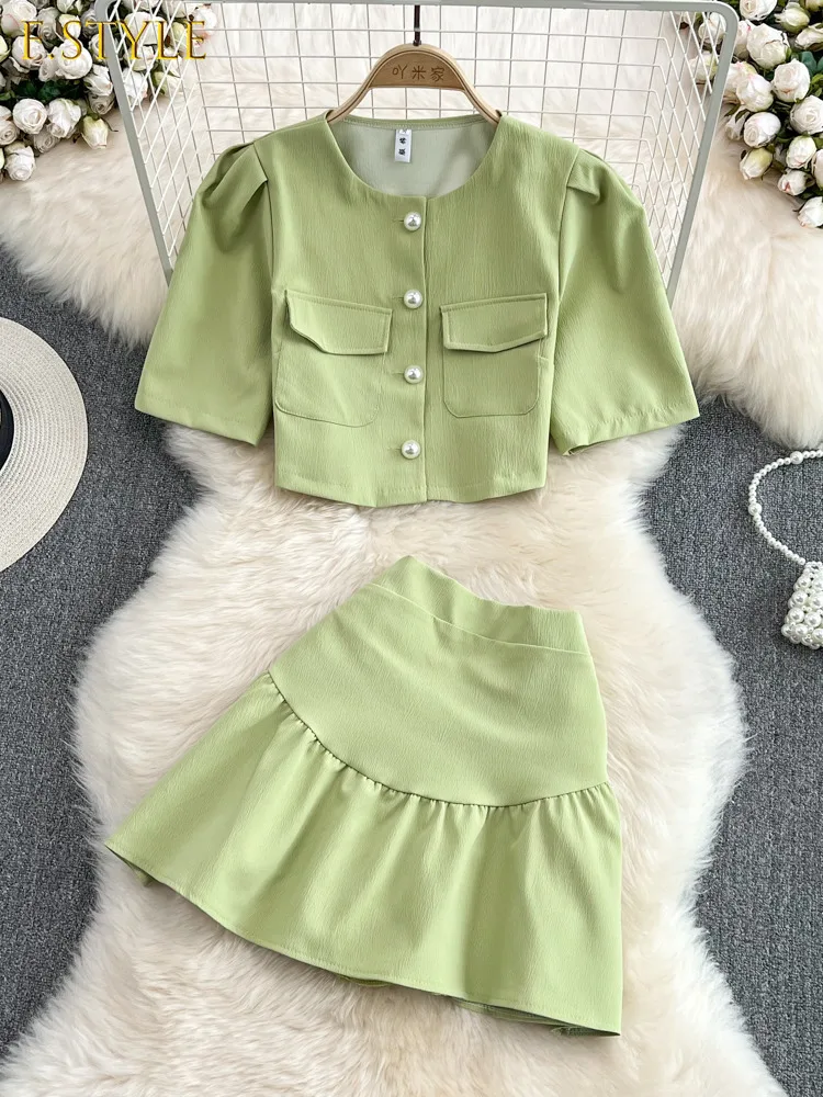 Small Fragrance Fashion Suit Women's 2022 Summer Bubble Sleeve Single Breasted Short Top High Waist A-line Skirt Two-piece Set