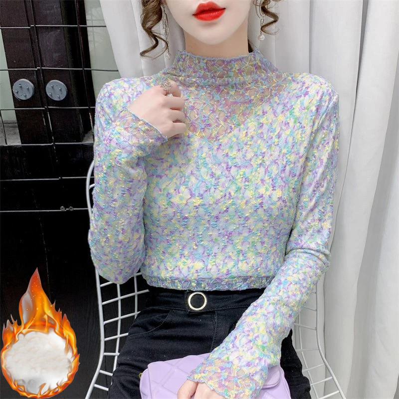 

Осенне-зимняя женская футболка, Корейская пикантная кружевная рубашка с длинным рукавом, флисовая водолазка, повседневные облегающие футболки, Толстые Теплые Топы