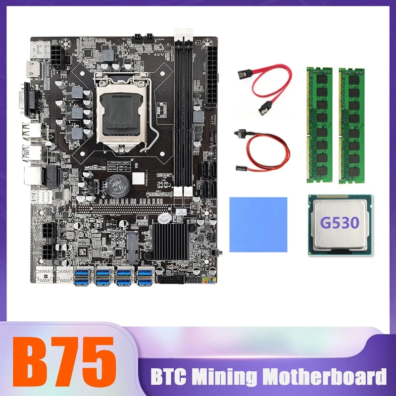 

B75 BTC Miner Motherboard 8XUSB+G530 CPU+2XDDR3 4G 1600Mhz RAM+SATA Cable+Switch Cable+Thermal Pad B75 USB Motherboard