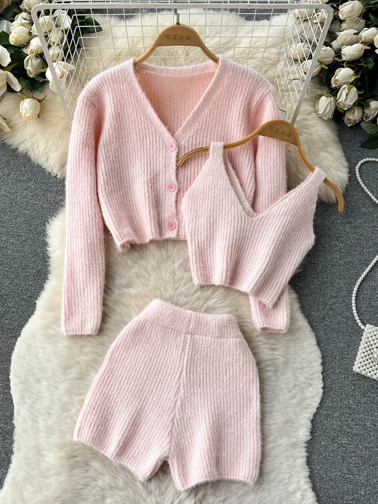 

YuooMuoo Chic Fashion Three Piece Women Shorts Sets Spring Autumn Fashion Y2K Crop Tops + Cardigans + Shorts Female Knitted Suit
