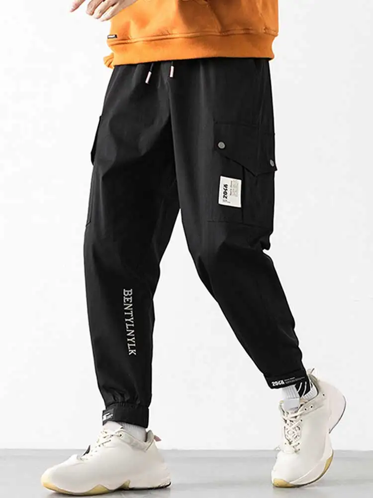 

ZAFUL Cargo Pants for Men Drawstring Letter Embroidered Tooling Trousers Elastic Mid-waist Jogger Pant with Magic Tape Cuff