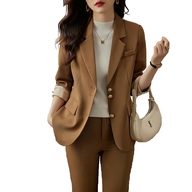 

Fashion Black Coffee Beige Women Pant Suit Long Sleeve Single Breasted Jacket Blazer And Trouser Ladies Casual 2 Piece Set