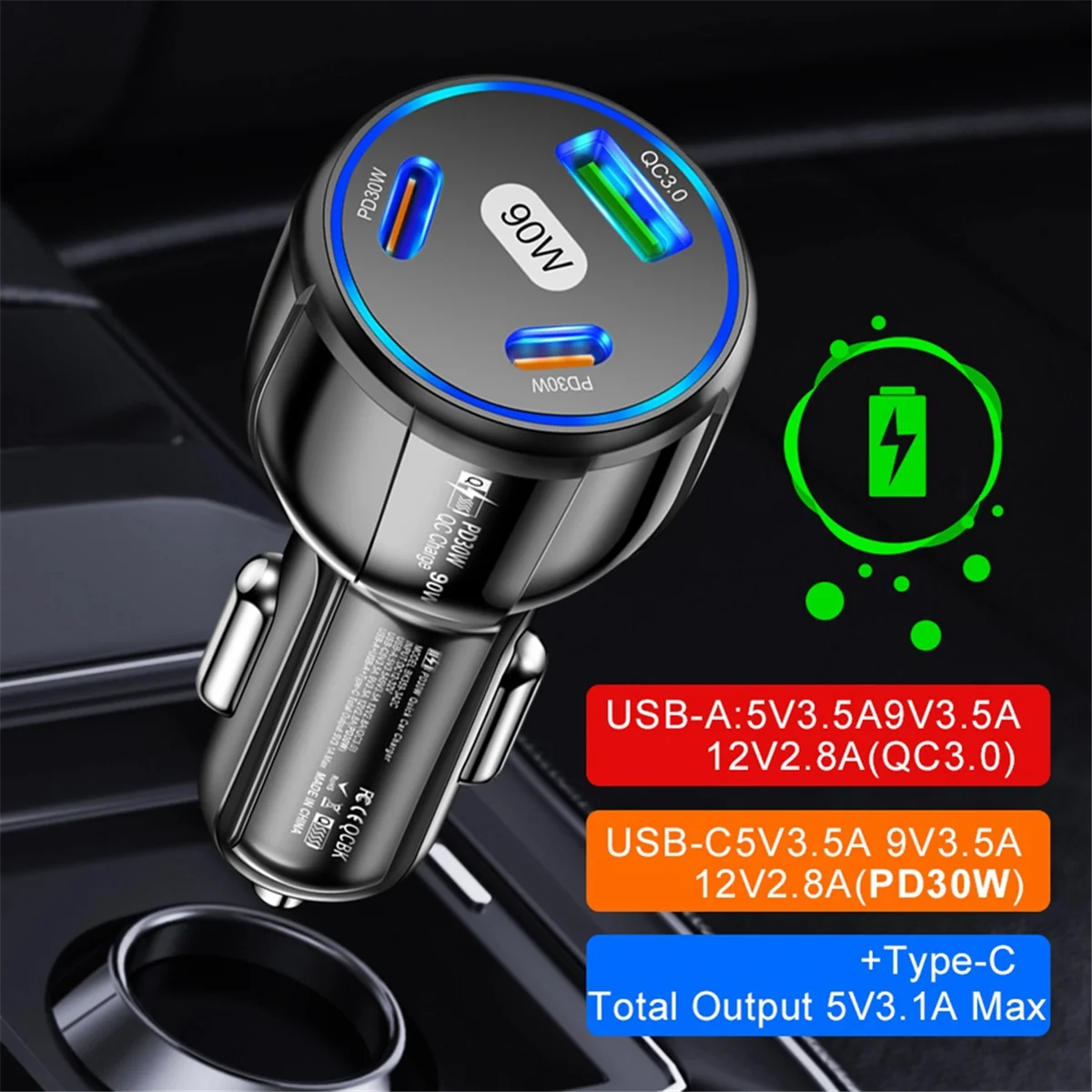 90W Car Charger USB Type C Fast Charging Power Adapter Quick Charge 3.0 for IPhone 14 13 12 Xiaomi Samsung
