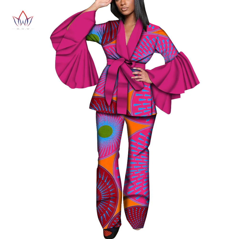 

Dashiki For Women African Bazin Riche wear Flared sleeves Top And long Pants Set Suit Traditional Plus size Clothing WY9272