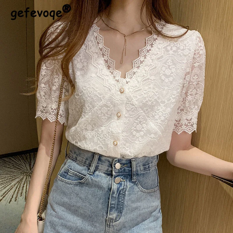

2022 New Summer Korean Fashion Lace V Neck Button Women's Shirt Casual White Sweet Chic Short Sleeve Slim Fit Blouse Ladies Tops