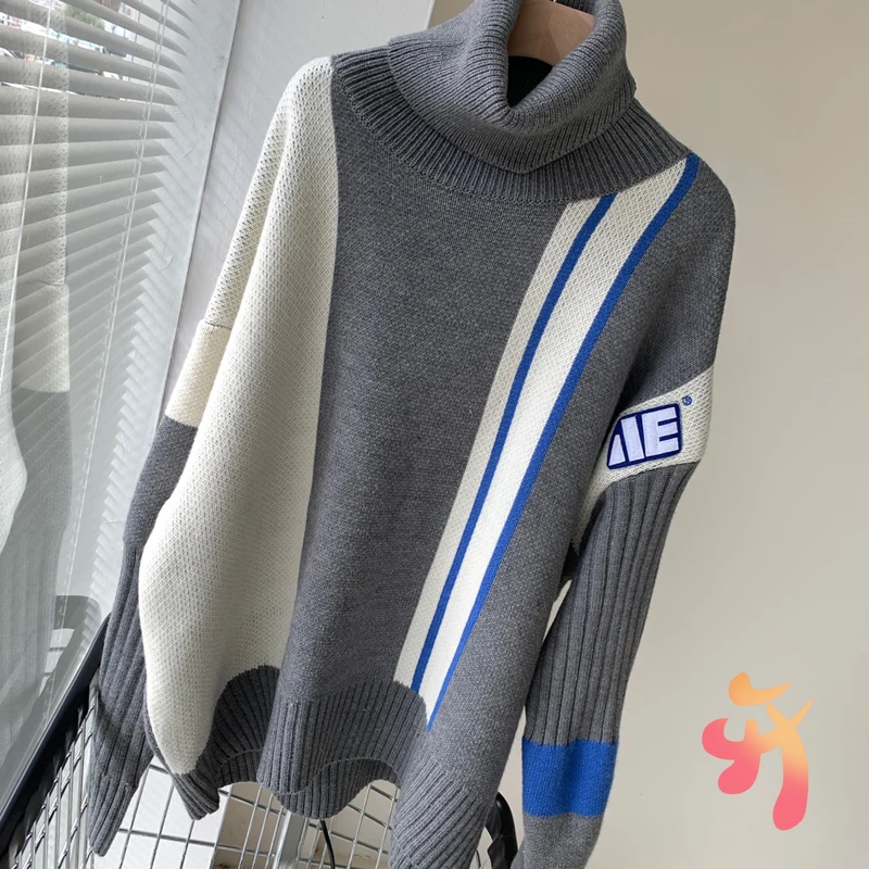 

Свитер с высоким воротом для мужчин и женщин, Повседневный пуловер оверсайз с подбором цветов, Осень-зима