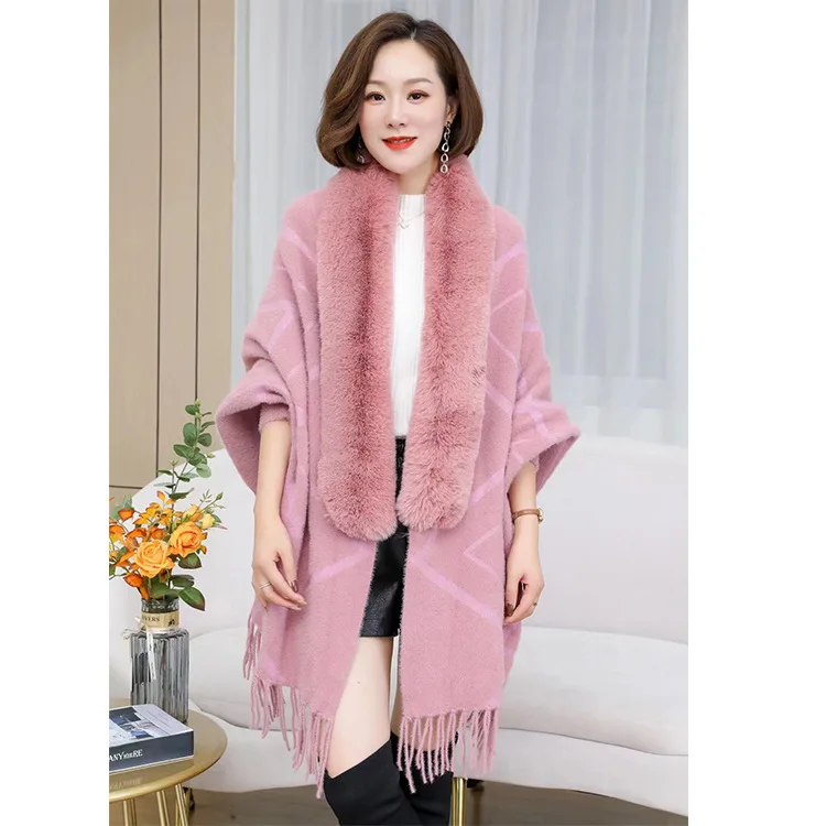 

Winter Imitation Sable Knitted Shawl Imitation Rex Rabbit Cape Fur Collar Tassel Poncho Fashionable Upscale Capes Pink Cloaks