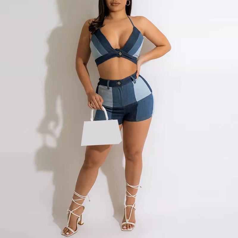 

WUHE Active Denim Women's Set Halter Neck Crop Top and Shorts Set 2022 Jean Sweatsuit Tracksuit Two Piece Set Fitness Outfit