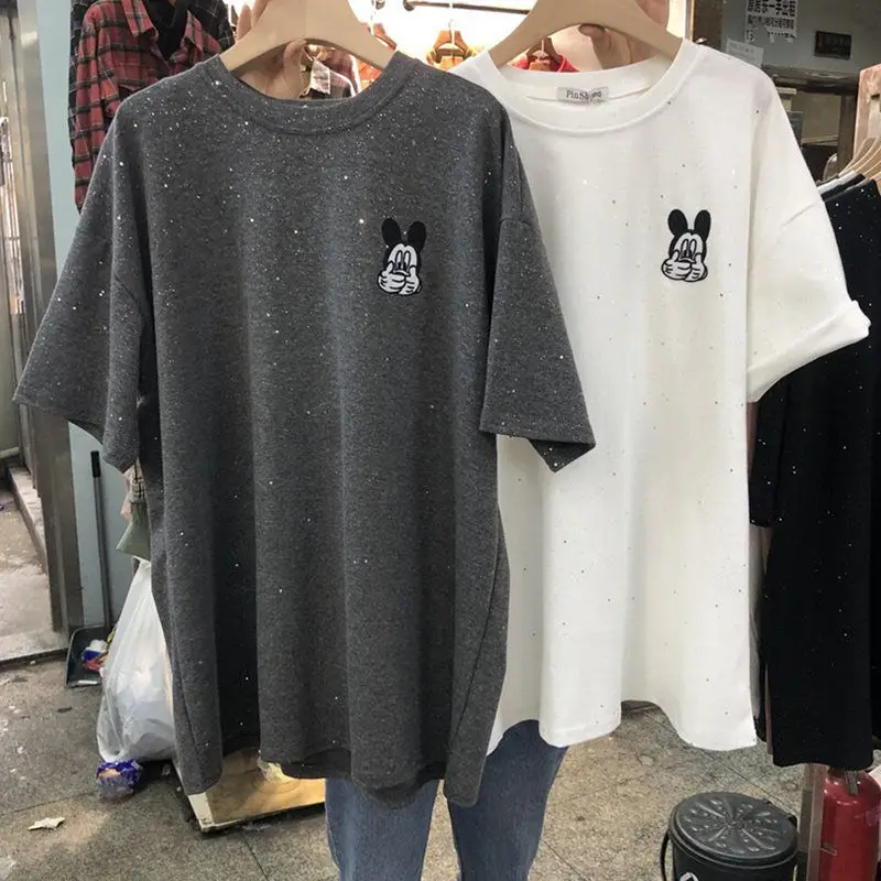

Новая модная футболка Disney с Микки, модный Свободный Блестящий универсальный топ с рукавом до локтя в Корейском стиле Ins
