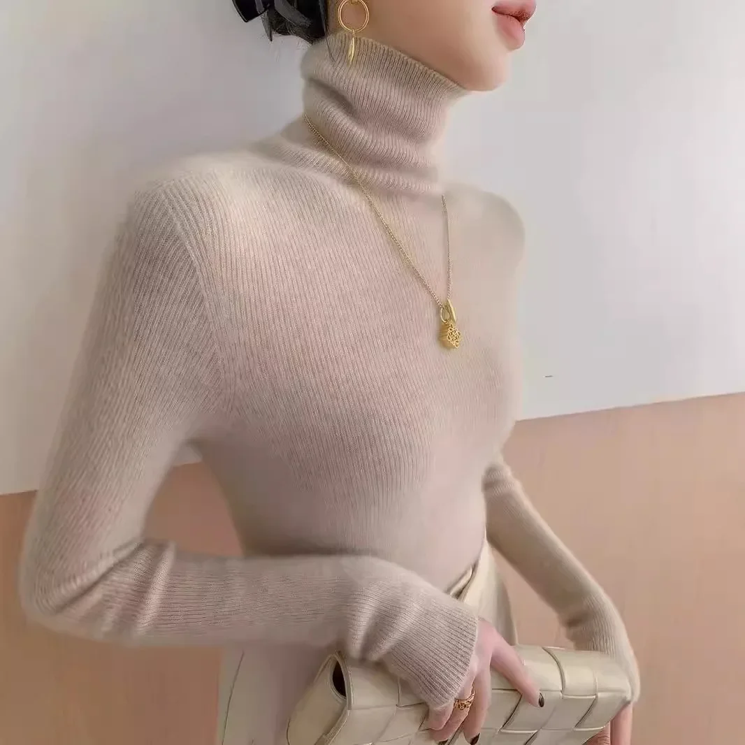 Женский свитер из 100% шерсти утягивающий внутренний топ-поло с высоким воротником