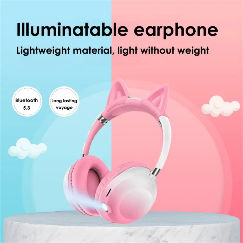 

Cat Ear Gradient Over-head Headset Cute Removable With Mic Control Headset Support Tf Card Wireless Headset Stereo