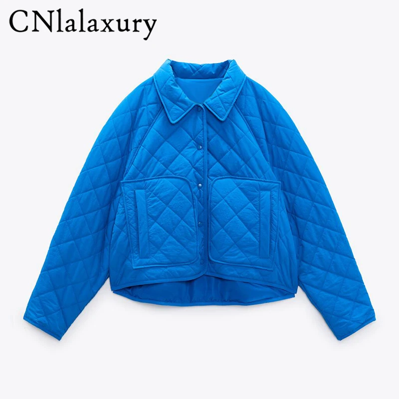 

CNlalaxury Autumn Woman Rhombus Short Jacket Long Sleeves Single-breasted Pocket Chic Outerwear Solid Color Thin Cotton Clothing