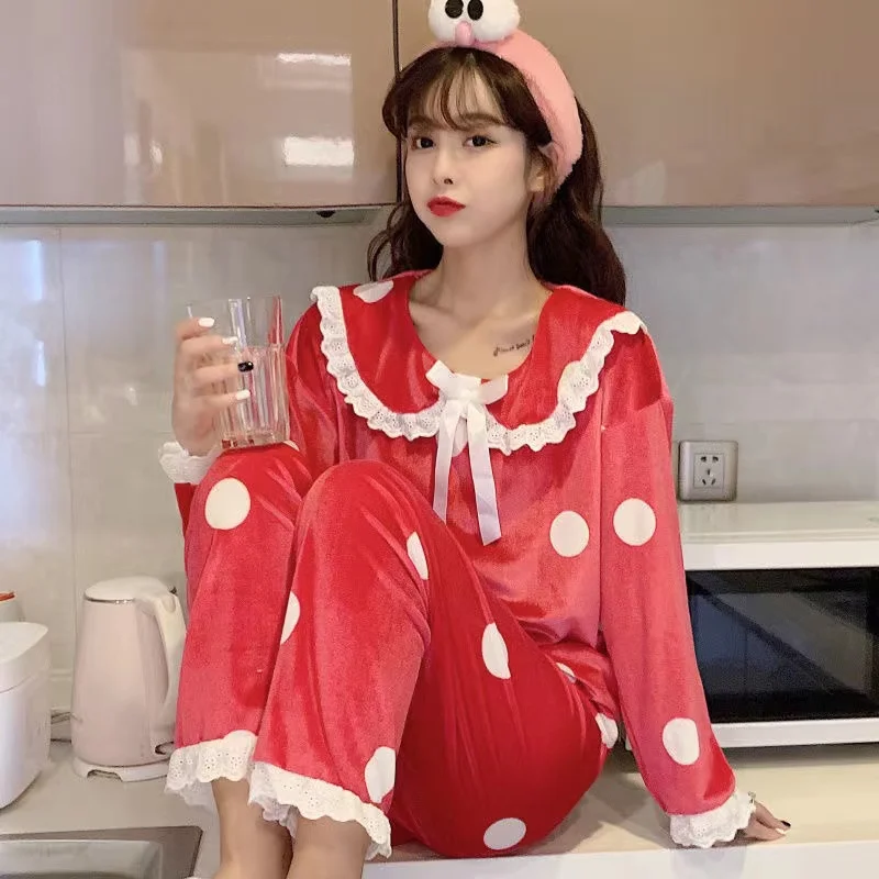 Autumn Winter Gold Velvet Pajamas Sets For Women V-Neck 2Pcs Pyjamas Long-Sleeved Home Clothes Elegant Sleepwear Homewear