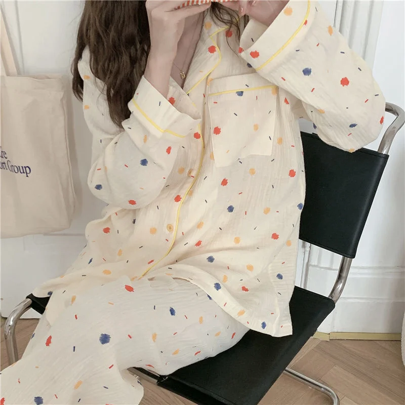 

Cotton Pijama Polka Dot Women's Pajamas Korean Sleepwear Long Sleeve Autumn Female Sets Pyjamas Negligee Cardigan Suit Pjs