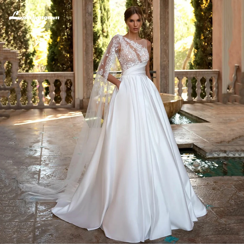 

Элегантные атласные кружевные свадебные платья а-силуэта, Длинные платья невесты с глубоким вырезом, сексуальные пляжные свадебные платья ...