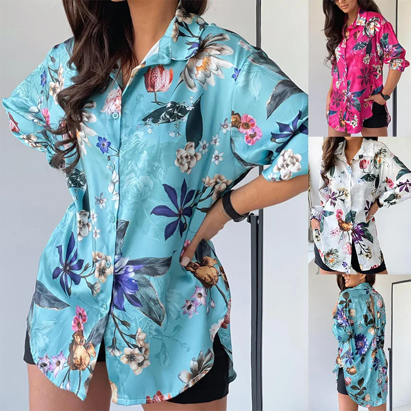 

Turn Down neck Bottoned Print Flower Shirt Dress For Lady Women