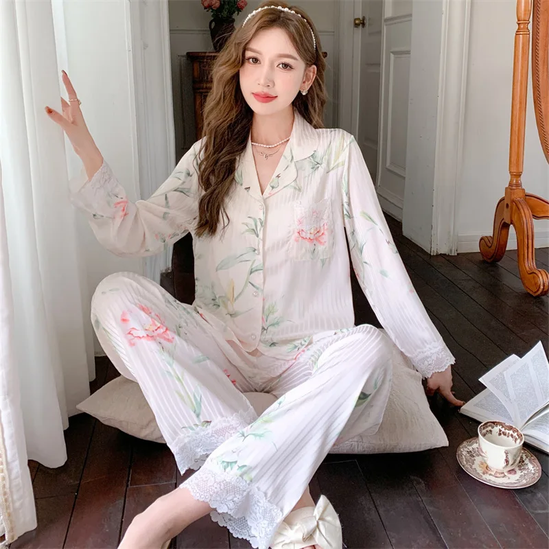 2023 Spring and Autumn New Pajamas Women's Artificial Silk Fashion Color Long-Sleeved Trousers Cardigan Homewear Women's Pajamas