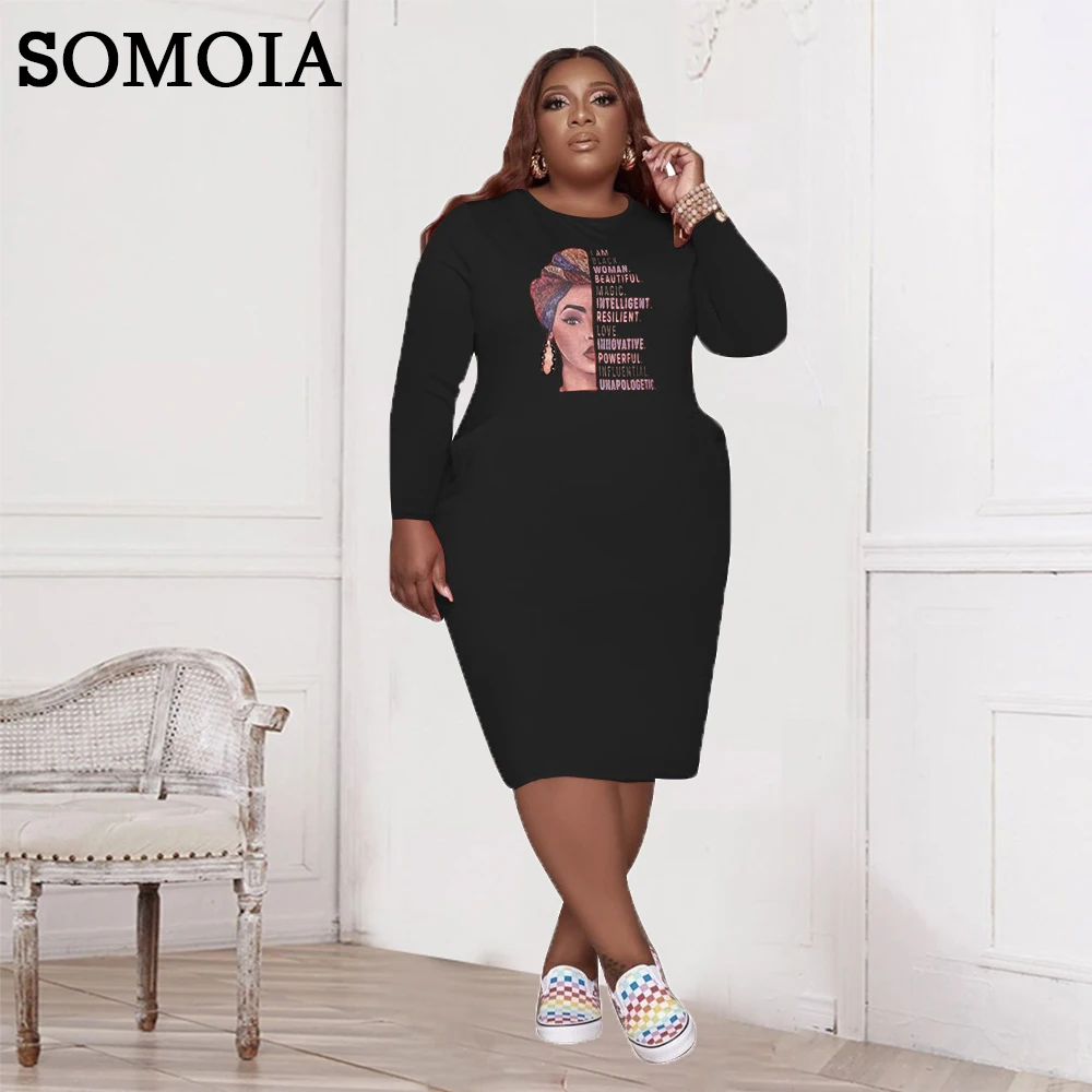 

Plus Size Women Clothing XL-5XL Fashion Print Midi Dress Loose Oversize Clothes Long Sleeve Round Neck Fall Casual Streetwear