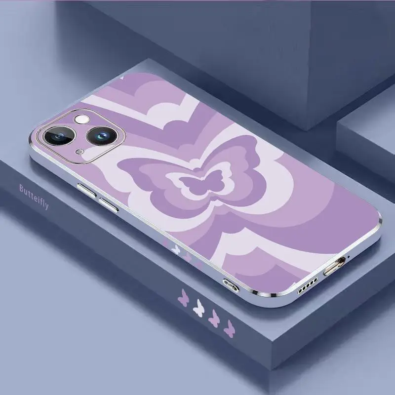 Purple Gradient Butterfly Luxury Plating Phone Case For iPhone 14 13 12 11 Plus Pro Max Mini X XR XS SE2020 8 7 6 6S Plus Cover