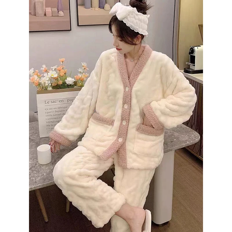 Winter Warm Pajamas Women Fashion Solid Color Thick Sleepwear Sets Home Clothes