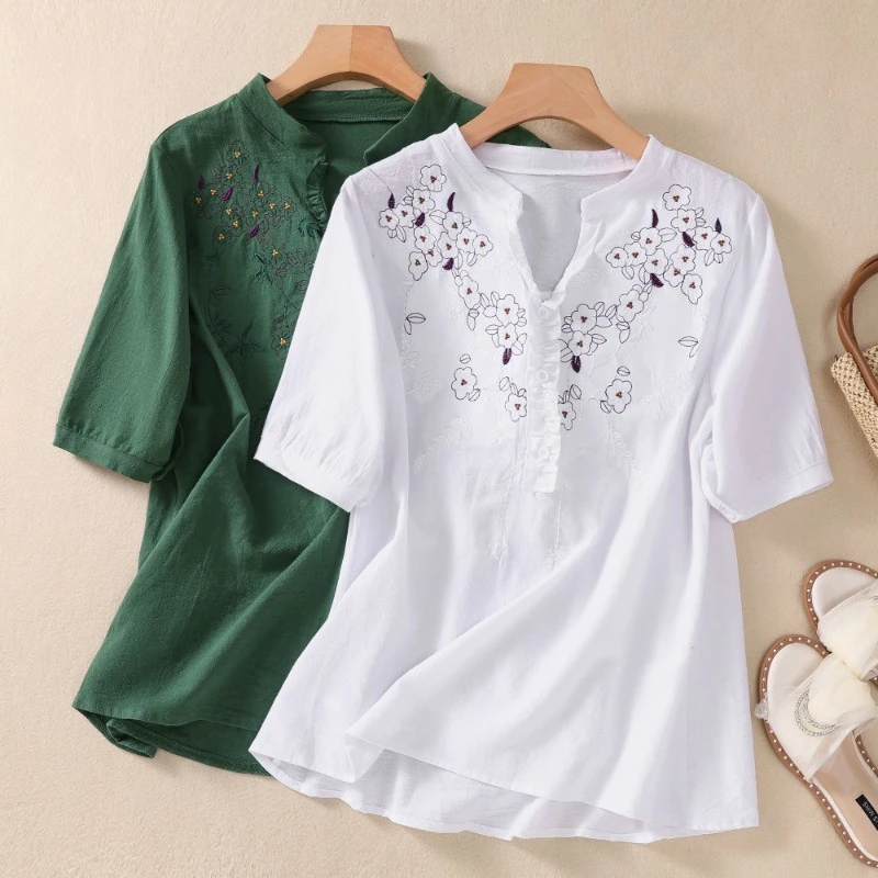 

Женские рубашки с вышивкой, блузки в китайском стиле, Новинка лета 2023, однотонная женская одежда, свободные топы из хлопка и льна с V-образным вырезом YCMYUNYAN