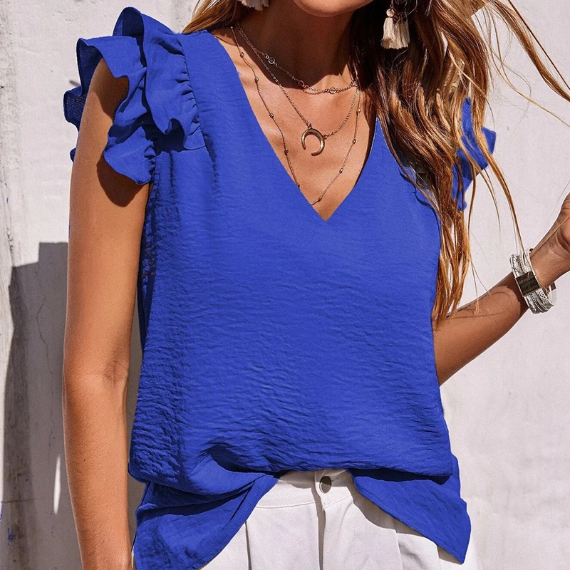

Sleeveless Shirt Womens Tops and Blouses Spring and Summer 2023 New Casual V-neck Ruffle Tank Top Long Sleeve Clothes 24961