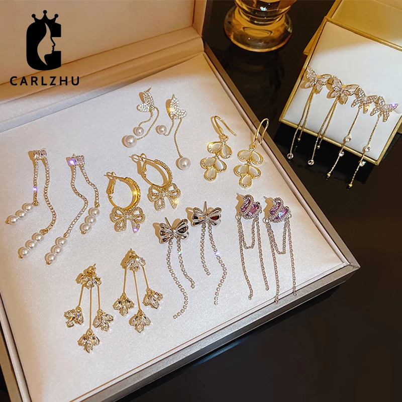 

Luxurious Shiny Pearl Zircon Tassel Bow Dangle Stud Earrings for Women Temperament Gold Silver Color Wedding Earrings Jewelry