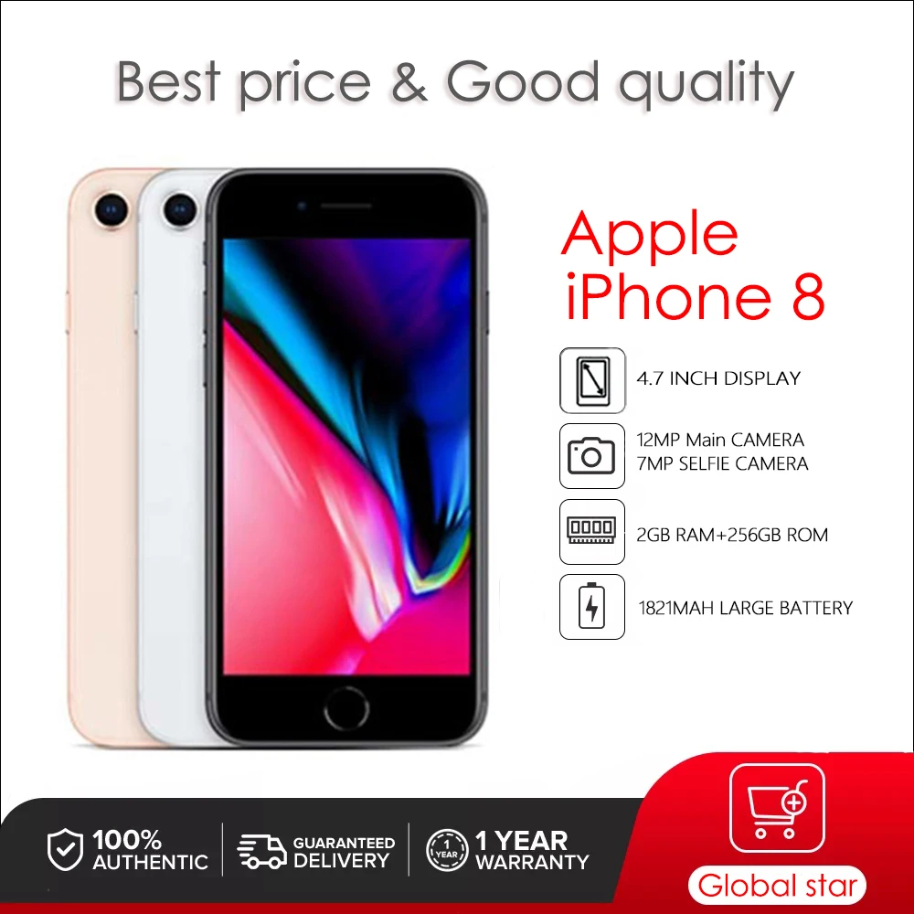 

Original Used unlock Apple iPhone 8 Hexa-core Ios 11 2GB RAM+64/256GB ROM 12MP 4.7" Fingerprint Smartphone