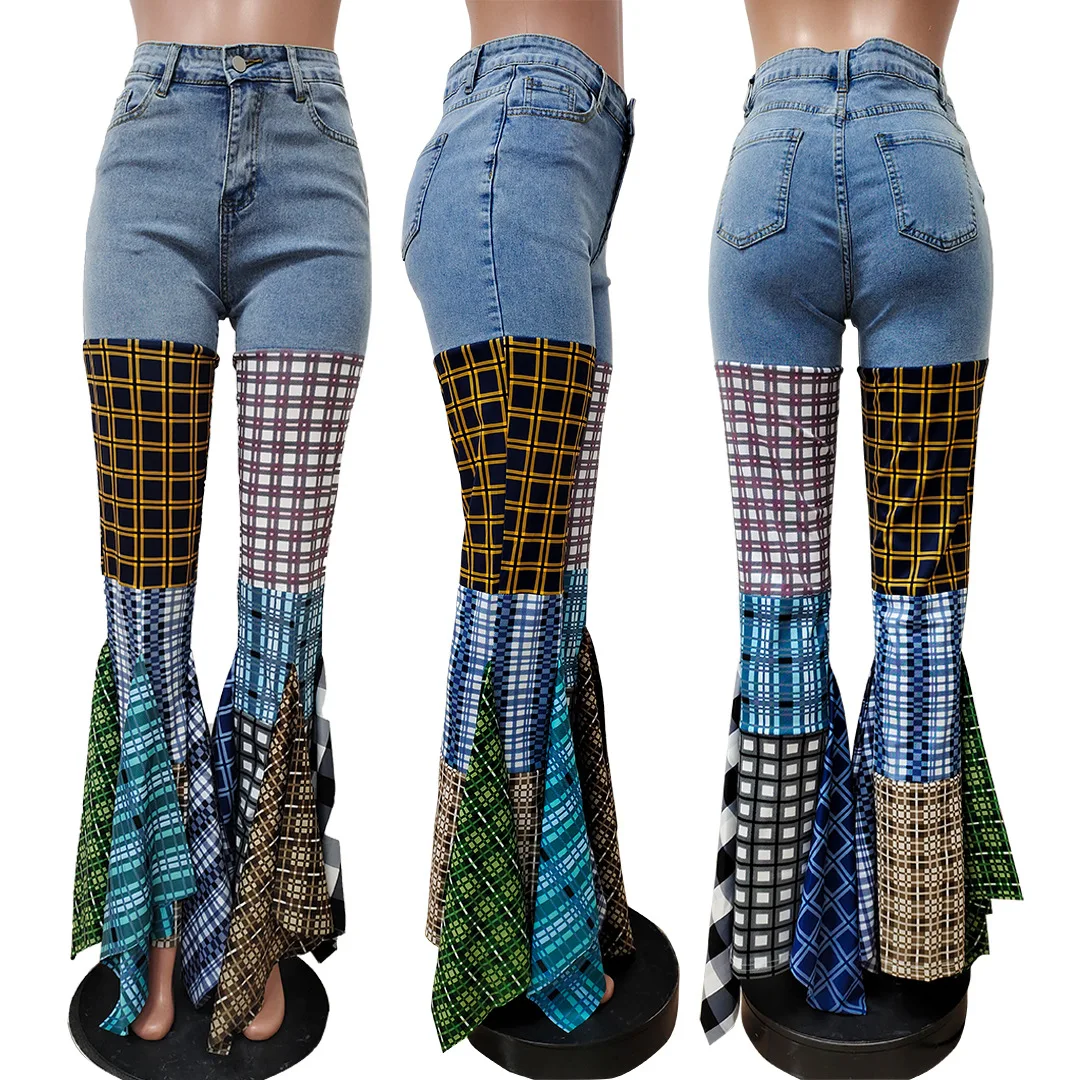 Jeans Flare Pants Denim Plaid Patchwork Ruffle Pants Women High Waist Button Fly Slim Boot Cut Denim Trousers Streetwear Capris
