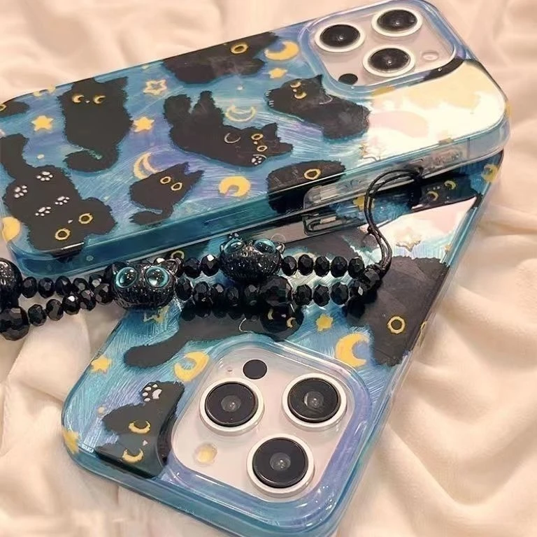 Чехол для телефона с рисунком Dreamy Moon Cute Cat Doodle для iPhone 16e 16 15 14 13 12 11 Pro Max X Xs XR XSMax Plus с текстурой перьев (art.: 3920cd90d8be0) - 3920cd90d8be0