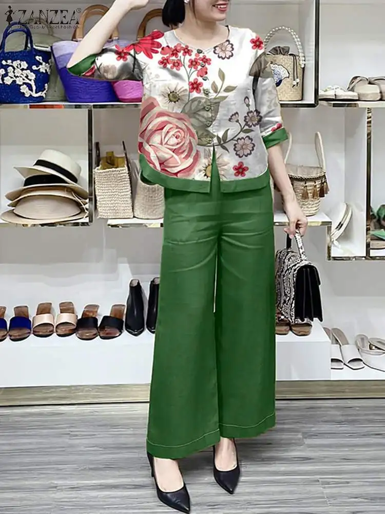 Комплект ZANZEA женский из 2 предметов Модный богемный брючный костюм с широкими