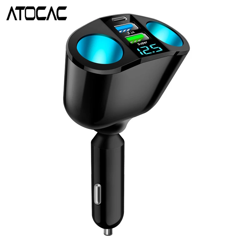 

Автомобильное зарядное устройство USB C с двумя розетками, разветвитель PD QC3.0 66 Вт, быстрая зарядка, адаптер прикуривателя, светодиодный адаптер, напряжение 12 В 24 В, автомобильный порт