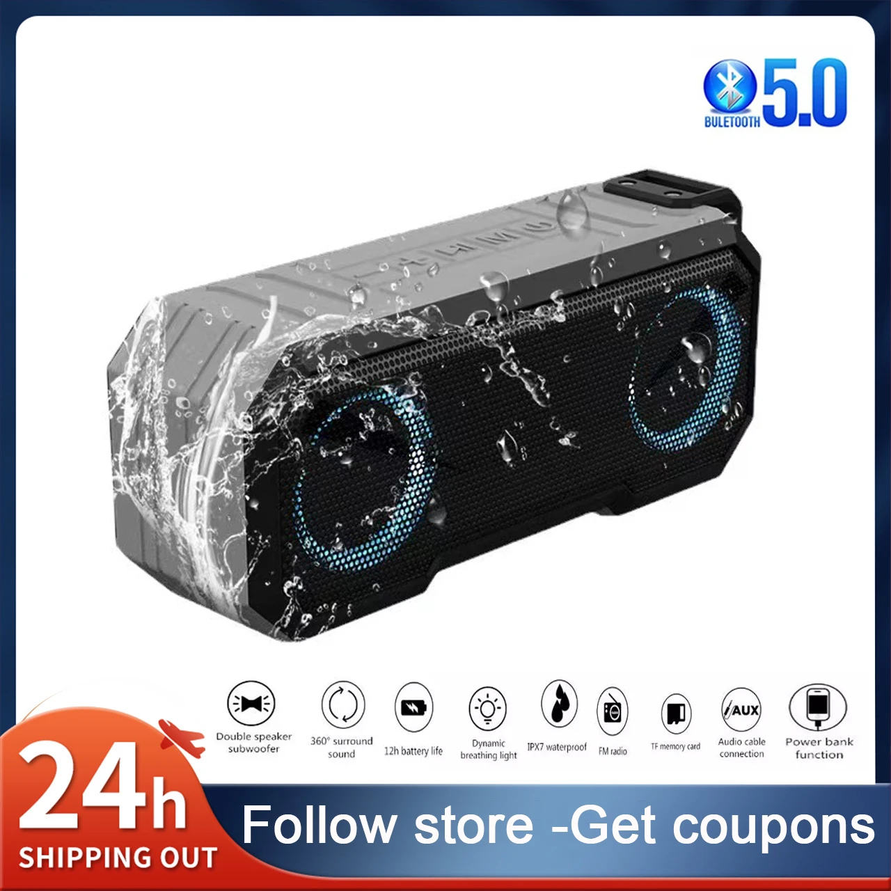 

X8 bluetooth Speaker Wireless Outdoor Sound Subwoofer Speakers IPX7 Waterproof 3000MAh Battery LED Light Support TF Card / AUX