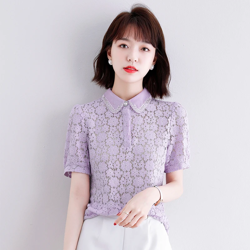 

Женская кружевная блузка с вырезами, шифоновая приталенная рубашка, летний топ с коротким рукавом, Повседневная модная одежда в Корейском с...