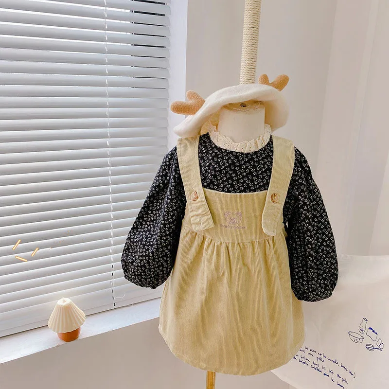 

2pcs Baby Girl Clothes Sets 2022 Spring New Toddler Girl Long Sleeve Blouse+Corduroy Suspenders Dress Suit Kids Children Outfits