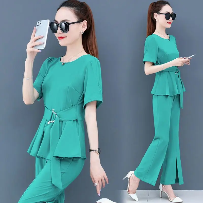 

2022 New Summer Women Lace Hollow Out Shirt Tops + High Waist Long Pant 2 Piece Set Female Two Piece Suit Gentle Outfits Z232