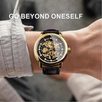 Winner Casual Design Skeleton Watches Men's Retro Style Mechanical Watch Genuine Leather Man Military Wristwatch Golden Reloj Other Image