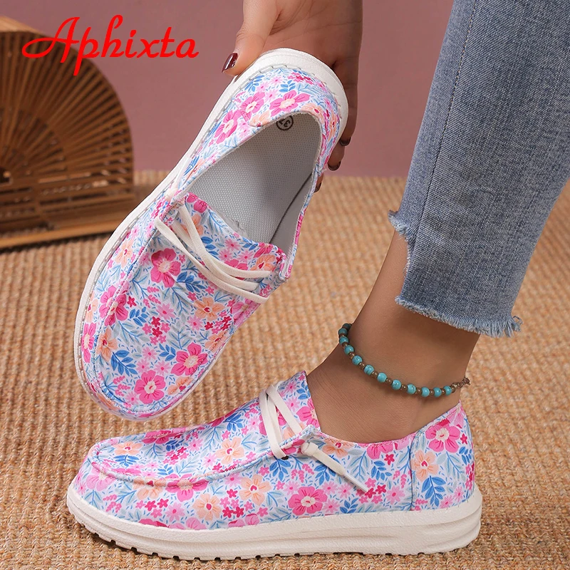 

Новинка 2023, розовые туфли Aphixta с цветами, женские туфли из мягкой ткани на плоской подошве, дышащие лоферы на шнуровке для отдыха, модные туфл...