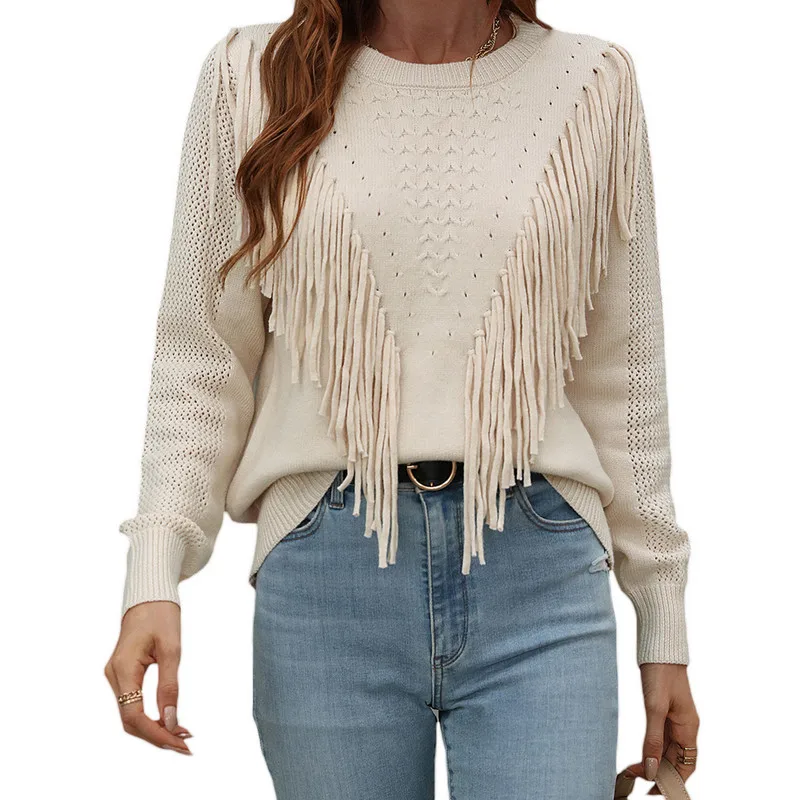 

Women Sweaters Tassels Autumn 2022 Solid Color Knitwear Long Sleeve Round Neck Fringe Decoration Hole Cutout Loose Sweater Tops