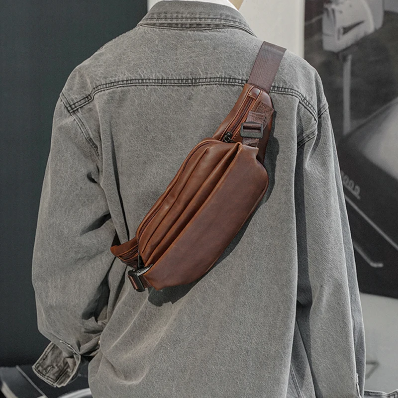 Male Waist Bag Motorcycle Leather Mini Chest Sling Bags Crossover Shoulder Purse Running Banana Belt Purses Bag for Men Small