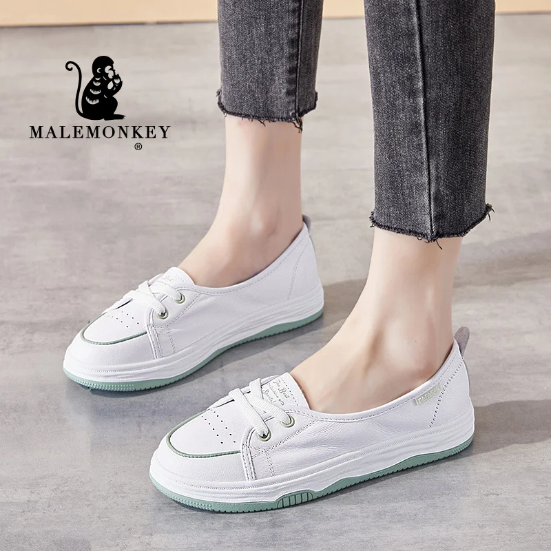 Cow Leather Flats Women White Casual Sport Shoes 2023 New Soft Comfortable Non Slip Rubber Female Shoes Zapatos De Mujer