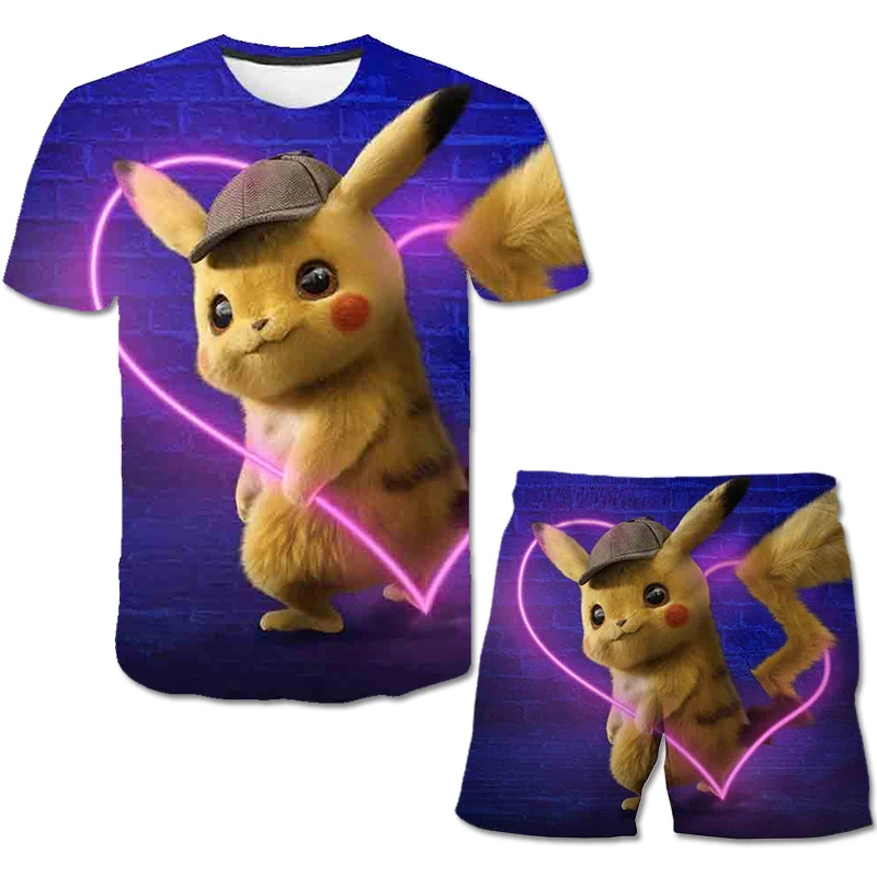 Новинка 2022 детская 3D футболка + шорты Pikachu летний повседневный костюм для двух