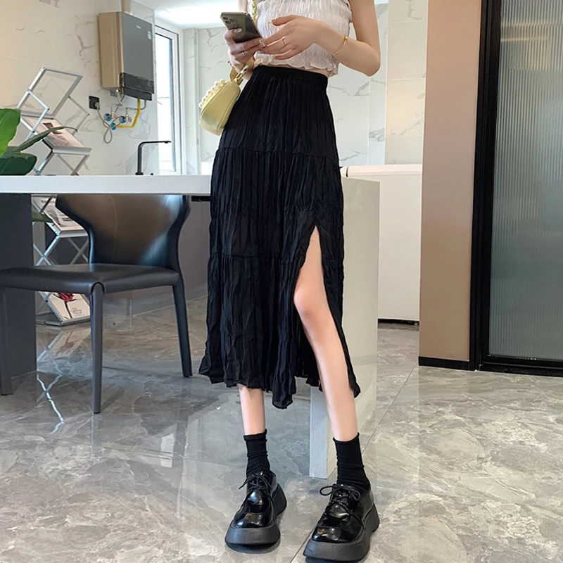 

Solid Split Long Woman Skirts Summer 2022 New High Waist Faldas A-line Chiffon Skirts Womens Korean Fashion Y2k Clothes