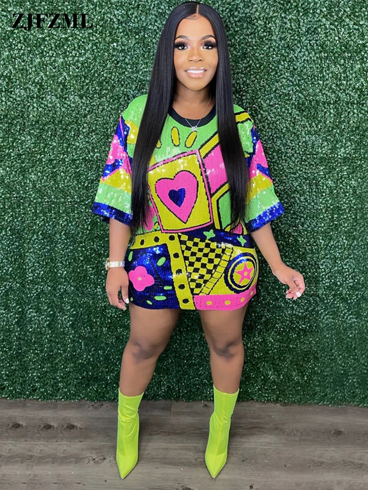 

Geometric Bling Shiny Sequin Women T-shirt Mini Dresses Round Neck Half Sleeve Bodycon Sexy Party Club Elegant Prom Y2K Clothess